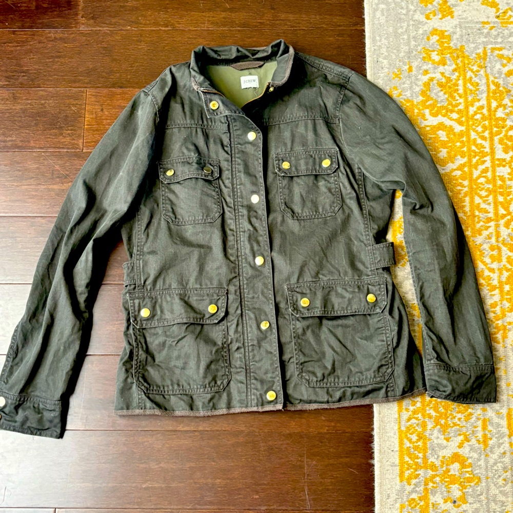 J Crew Utility Jacket in Army Green/Dk Gray color (M) w/brass snap buttons